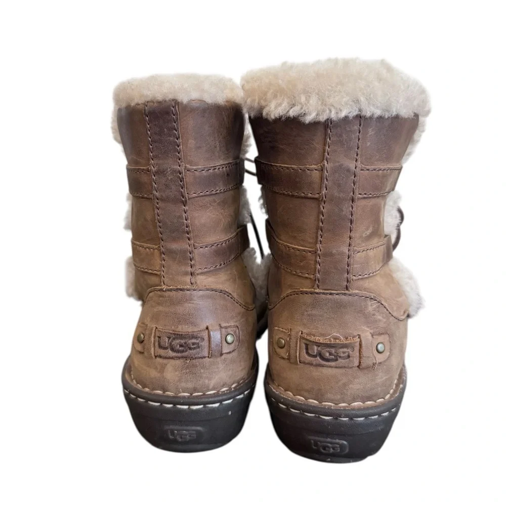 UGG Caspia Winter Boots Womens 7 Leather Sheepskin Lace Pull‎ On Tan Brown